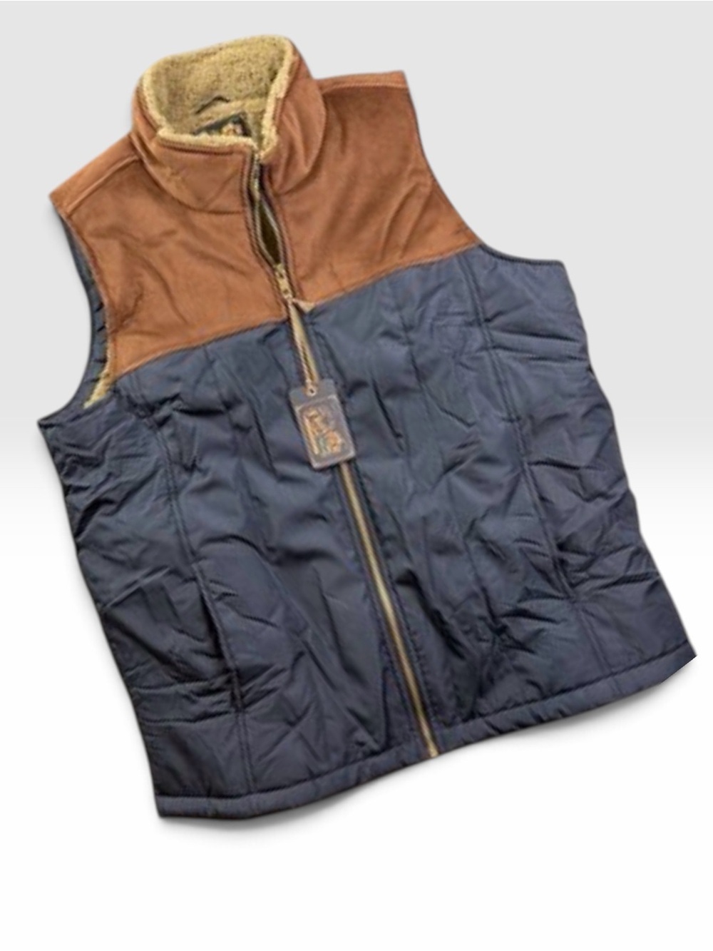 Frontier Threads Men's Navy and Brown Quilted Vest with Sherpa Collar. Sz XL